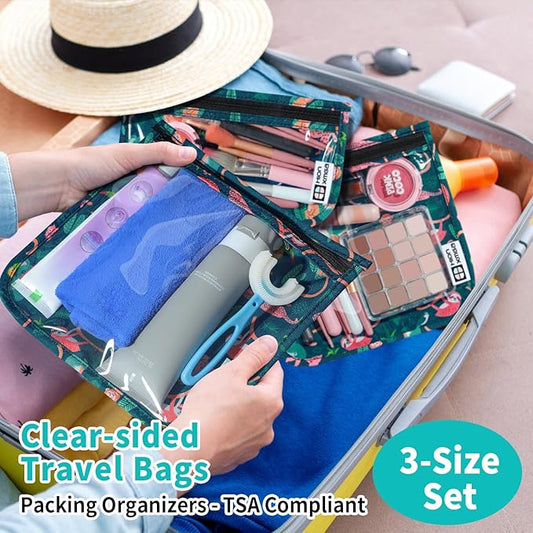 TSA Approved Toiletry Bag, Set of 3 Clear Travel Toiletry Bag Quart Size Zipper Travel Pouch, Waterproof Makeup Cosmetic Bag for Women Men Kids Toiletries Carry on, Jungle