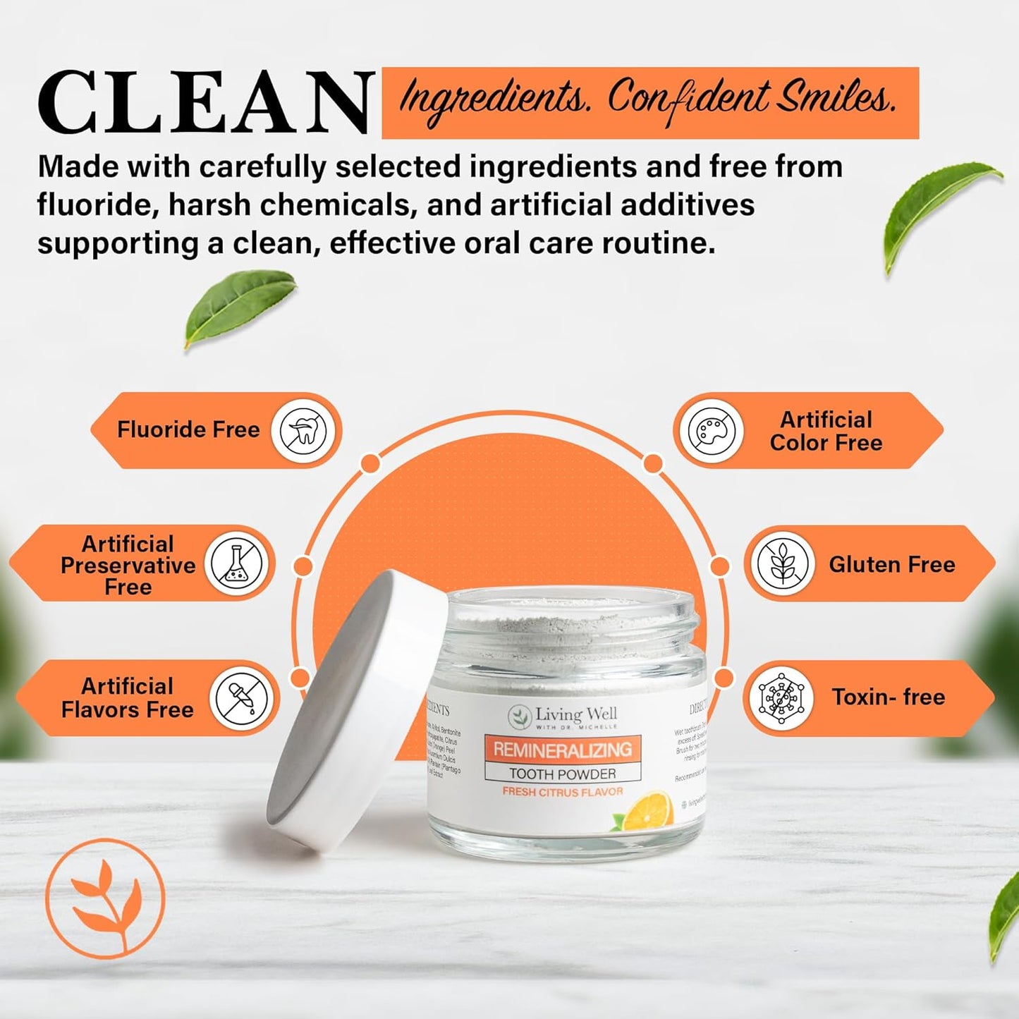 Living Well with Dr. Michelle Fresh Citrus Remineralizing Tooth Powder | Fluoride-Free Kids & Adults Formula | Hydroxyapatite for Enamel Support | Natural Ingredients for Stronger Smiles