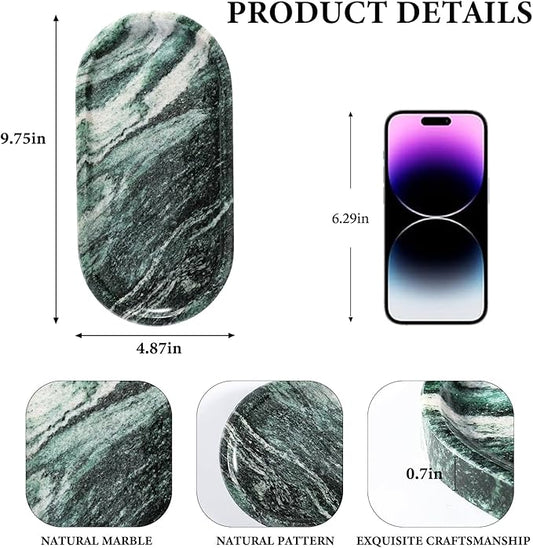 Koville Green Marble Tray for Bathroom Countertop, 10"x5" Natural Marble Vanity Tray Perfume Trays for Dresser, Stone Jewelry Dish Candle Holder for Home Decor, Stone Catchall Trays