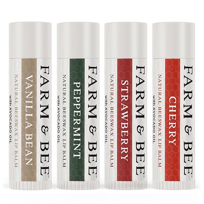Natural Lip Balm – Variety Pack - Organic & Natural Ingredients - Beeswax Based Lip Care Chapstick - Great Gift - Farm & Bee - 0.15oz (Pack of 4 - Vanilla Bean/Peppermint/Strawberry/Cherry)