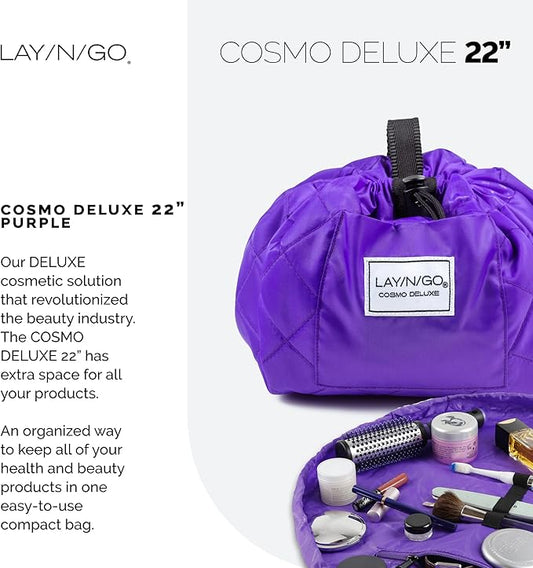 Lay-n-Go Cosmo Layflat Drawstring Cosmetic & Makeup Bag Organizer w/Zipper Pocket, Brush Loops & More, Cinch to Close, Lay Flat to Use, Durable, Machine Wash, Travel Toiletry Bag (22", Purple)