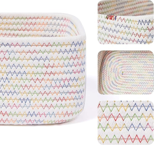 Small Storage Baskets for Organizing | Closet Organizer Bins | Shelf Toy Basket | Woven Rope Baskets | Cube Decorative Box | Shallow Basket | 11.5x7.5x4.7” | 3 Packs Rainbow