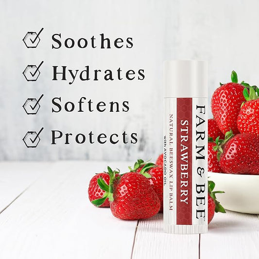 Natural Lip Balm - Organic & Natural Ingredients - Beeswax Based Moisturizing Lip Care Chapstick for Chapped Lips - Great Gift Idea - Farm & Bee - 0.15oz (Pack of 4 - Strawberry)