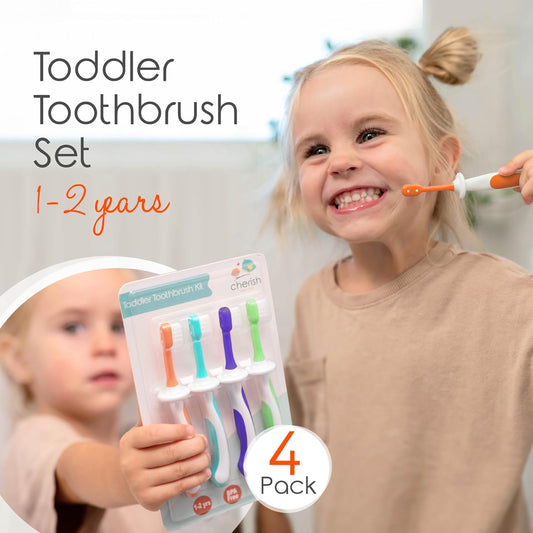 Cherish Baby Care Toddler Toothbrushes 1-2 Years (4-Pack) - BPA-Free & Safety-Tested Kids Toothbrush Kit, Designed by a Pediatric Dentist, Soft-Grip Toothbrush for Kids, My First Toothbrush Set