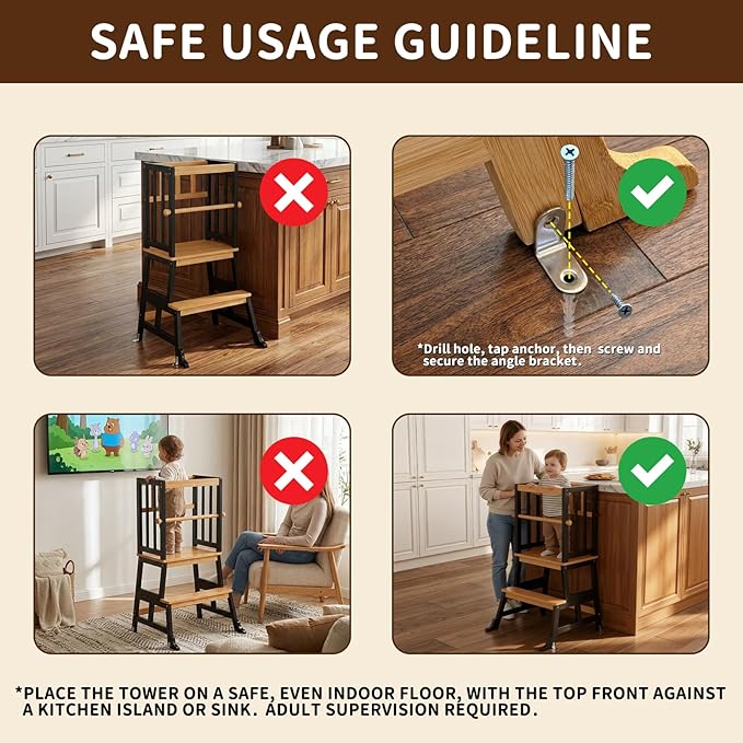 COSYLAND Kids Kitchen Step Stool, Toddler Standing Tower with CPC Certification, Removable Anti-Drop Railing Safety Rail Enjoys Unique Patented Design A Anti-tip Stable Structure 1.5-3 Years Brown