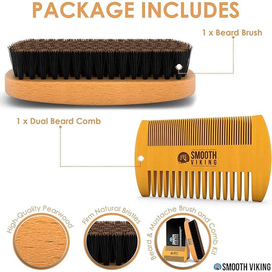 Beard Brush and Comb - Natural Boar Bristle Beard Brush & Beard Comb for Men - Facial Hair Care Gift Set for Men - Mustache Styling, Grooming & Shaping Tools