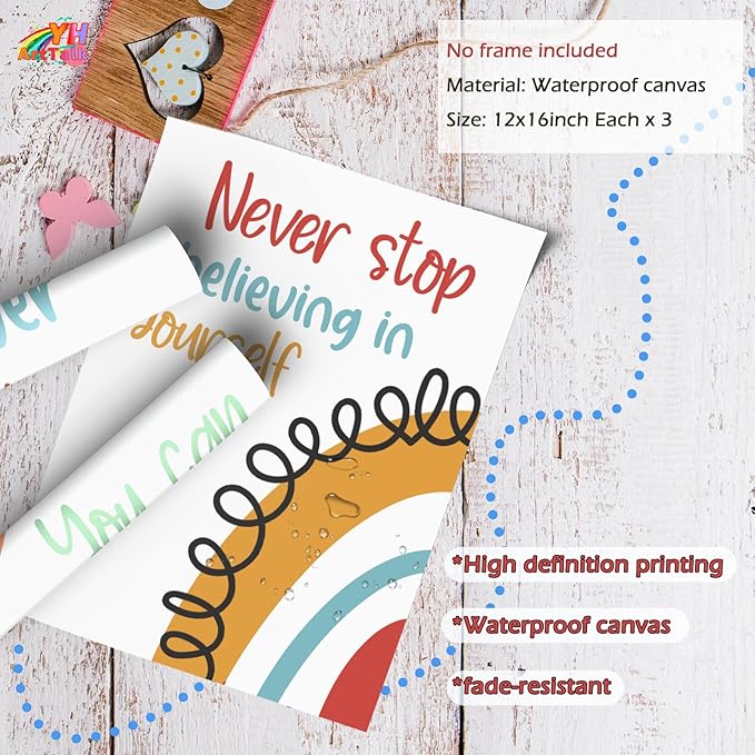 YOUHONG 3 Pieces Motivational Wall Decor Inspirational Posters Motivational Art Quotes & Play Room Wall Decor Frameless Kids Classroom Toddler Educational Posters for Classroom (12" W x 16" H x3)