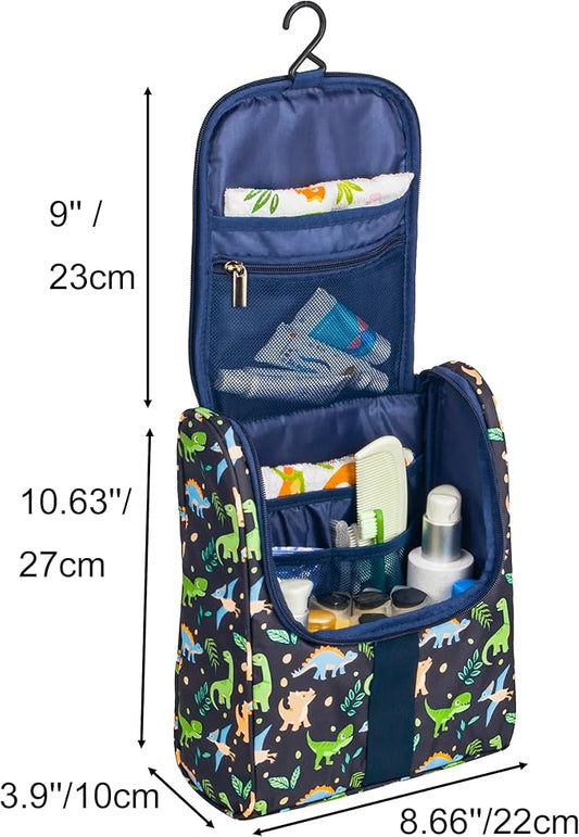 Cute Cartoon Hanging Kids Toiletry Bag Children Travel Cosmetic Makeup Organizer Wash Bag Shower bag Over Night Bag Camping Shaving Kit Bag for Boys & Girls (Dinosaurs)