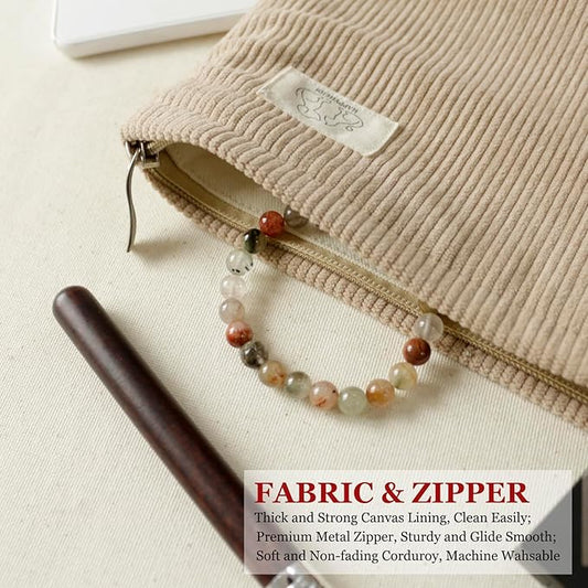 HAPPYHEIDI Creamy Light Khaki Corduroy Makeup Bag Cosmetic Toiletry Travel Pouch, Make Up Accessory Purse Organizer, Canvas Lined