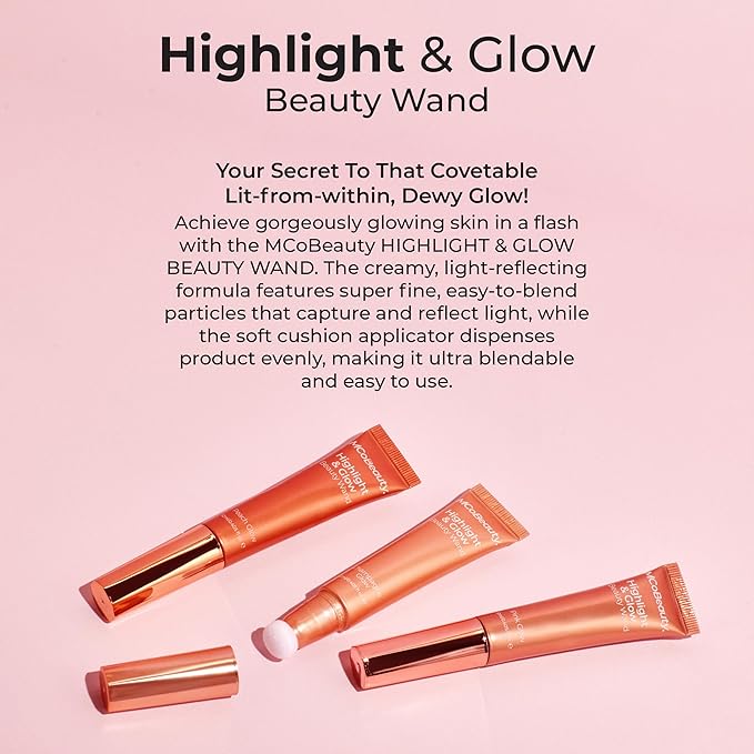 MCoBeauty - Highlight and Glow Beauty Wand - Buildable Liquid Highlighter - Radiant Pink Shade - Liquid Cream with Cushion Applicator for Soft, Radiant Finish - Highlighters Makeup