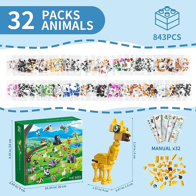 32 Packs Party Favors Building Block Sets for Kids,Mini Animal Building Toys for Classroom Prizes,Goodie Bag Stocking Stuffers,Valentines Day Christmas Birthday Gifts for Girls Boys Age 8-12