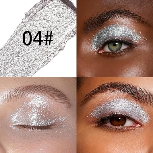 Silver White Glitter Cream Shimmer Eyeshadow Sticks, Multichrome Matte Eye Shadow Stick, Waterproof and Long-Lasting Smooth Cream Eye Highlighter Stick Makeup for Women, 4 Galactic Lcing