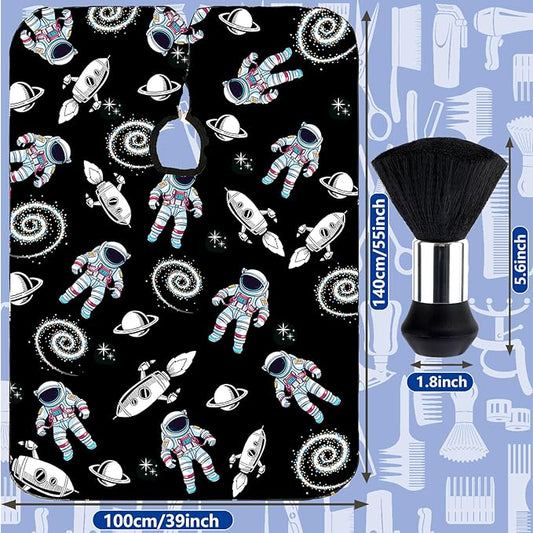 FEBSNOW Kids Hair Cutting Cape,Professional Kids Barber Cape and Neck Duster Brush Cartoon Hairdresser Apron with Adjustable Closure for Children Salon Barber Supplies(Astronaut Space Travel)