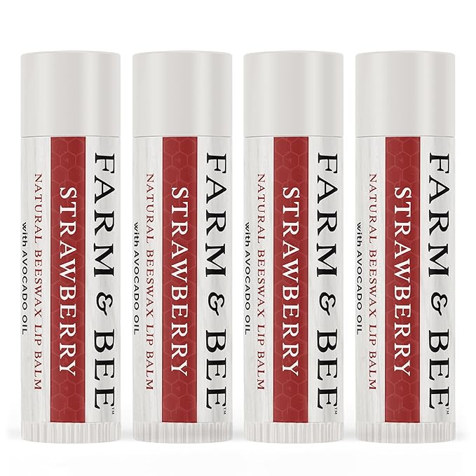 Natural Lip Balm - Organic & Natural Ingredients - Beeswax Based Moisturizing Lip Care Chapstick for Chapped Lips - Great Gift Idea - Farm & Bee - 0.15oz (Pack of 4 - Strawberry)