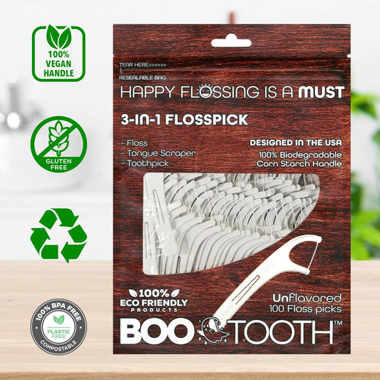 World’s First Eco-Friendly 3-in-1 Dental Floss Pick – Thin Flosser with Foldable Toothpick & Tongue Scraper – 100 Count, Biodegradable, Unflavored 100 Picks