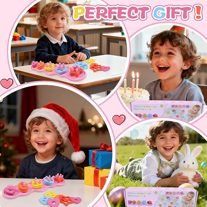 Toddler Bath Toys, Mold Free Silcone Shape Sorting & Stacking Bath Toy Set with 20 Textured Floating Pieces, No Hole Design, Silicone Color & Shape Sorter for Baby Early Learning Bathtub Fun