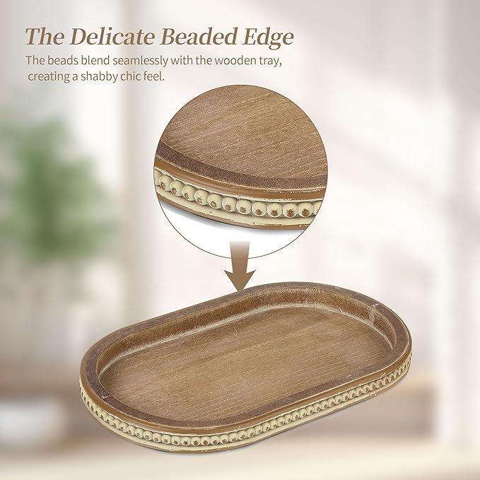 Hanobe Decorative Serving Tray Wood: Brown Bead Oval for Coffee Table Rustic Wooden Trays Decor Farmhouse Kitchen Counter Vintage Centerpiece Living Room Home Organizer, 15.15''x9.25''x1.18''