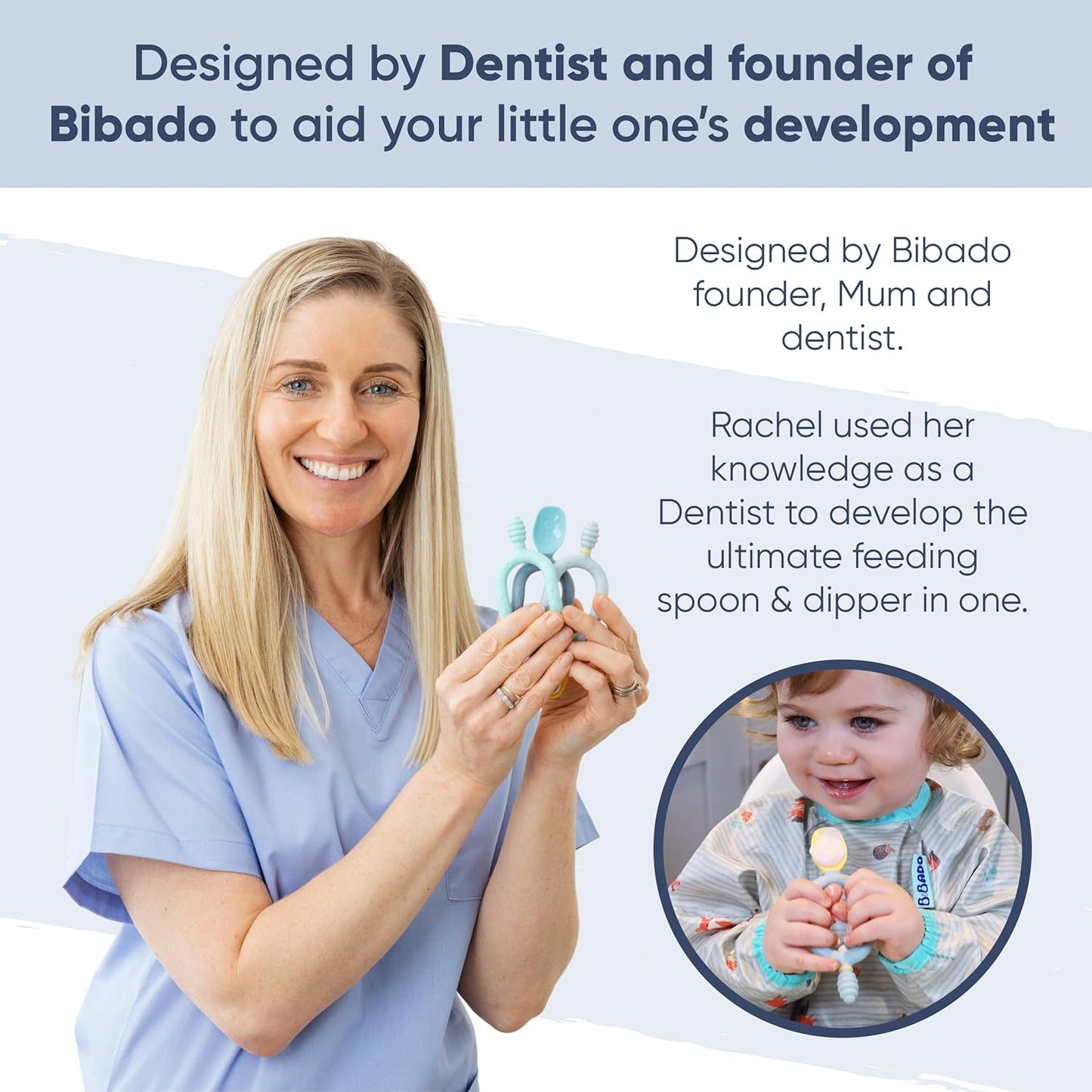 Bibado - Dippit Baby Spoon and Dipper, Green & Grey (2-Pack) - Soft, Chewable Dipper & Deep Spoon - Two-Hand, Sensory Grip - Toddler Utensils - Baby Led Weaning Supplies - Baby Essentials - 6 Months+