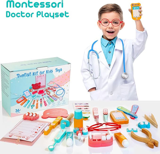 Wooden Dentist Kit for Kids, 41 Pieces Toy Medical Kit with Stethoscope & Medical Storage Bag, Montessori Pretend Doctor Kit Toys for 3 4 5 6 Years Old Boys Girls
