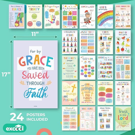 Excool Club Sunday School Decorations For Classroom - 24 Book Of The Bible Posters For Kids, Ten Commandments Fruit Of The Spirit Wall Art, Bible Study Supplies For Christian Classroom Decor (11"x17")