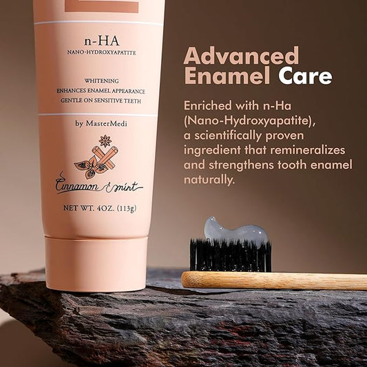 MasterMedi Nano Hydroxyapatite Toothpaste (Inspired by 10% nHA Formulas), Fluoride-Free, Whitening & Sensitivity Relief, Enamel Repair Support, SLS-Free, Xylitol, Mint & Cinnamon 4 Oz (Pack of 2)