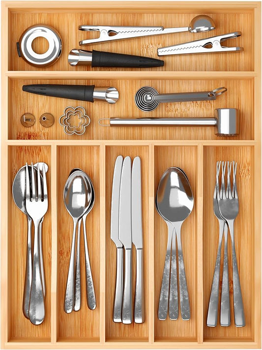 BAMEOS Bamboo Silverware Drawer Organizers, 11.9 inch Utensil Drawer Organizer for Kitchen Drawers, 7 Slots Total Large Flatware Organizer for Knives Cutlery Spoons Forks (Natural)