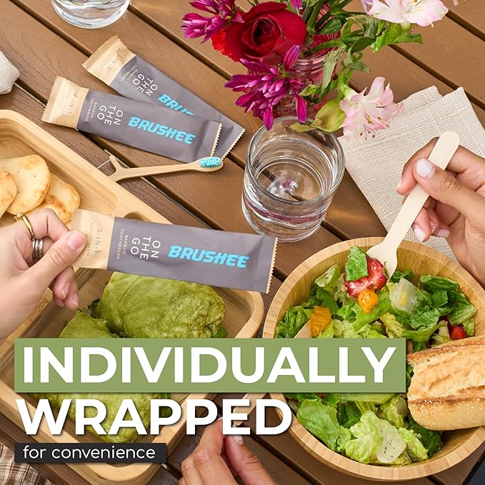 Brushee - 12 Pack Bamboo Toothbrushes Kit - 3-in-1 Travel Toothbrush with Flosser - Soft Eco-Friendly Disposable Toothbrushes with Toothpaste Fresh Mint Flavored - Individually Wrapped for Travel