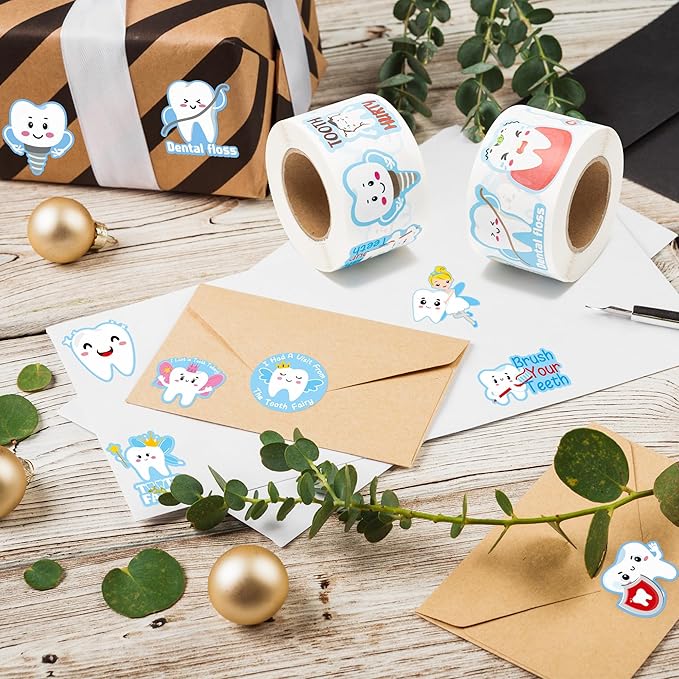 CJiangpo 1000Pcs Tooth Roll Stickers, Funny Dental Tooth Fairy Sticker Decals for Laptop Water Bottle Scrapbook DIY Crafts, Baby Shower Birthday Party Decoration Gift for Boy Girl