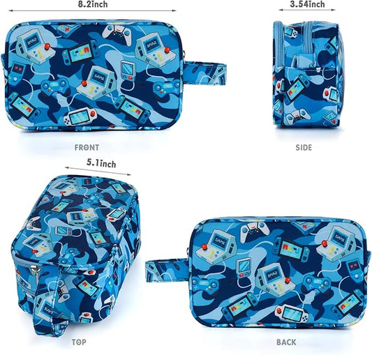 Kids Toiletry Bag for Boys, Travel Toiletry Bag for Little Young Boys Waterproof Hanging Wash Bag Toddler Traveling Toiletries, Games Camo Blue