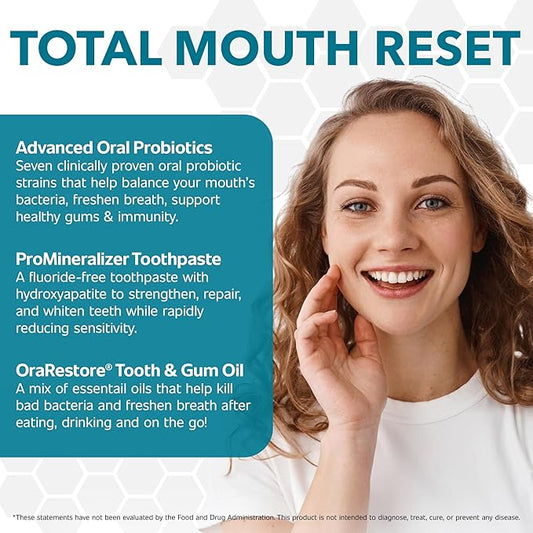 Dentist Formulated Oral Health System with Fluoride Free Remineralizing Nano Hydroxyapatite Toothpaste, OraRestore Mouthwash Concentrate & Oral Probiotics for Bad Breath, Enamel Strength, Oral Balance