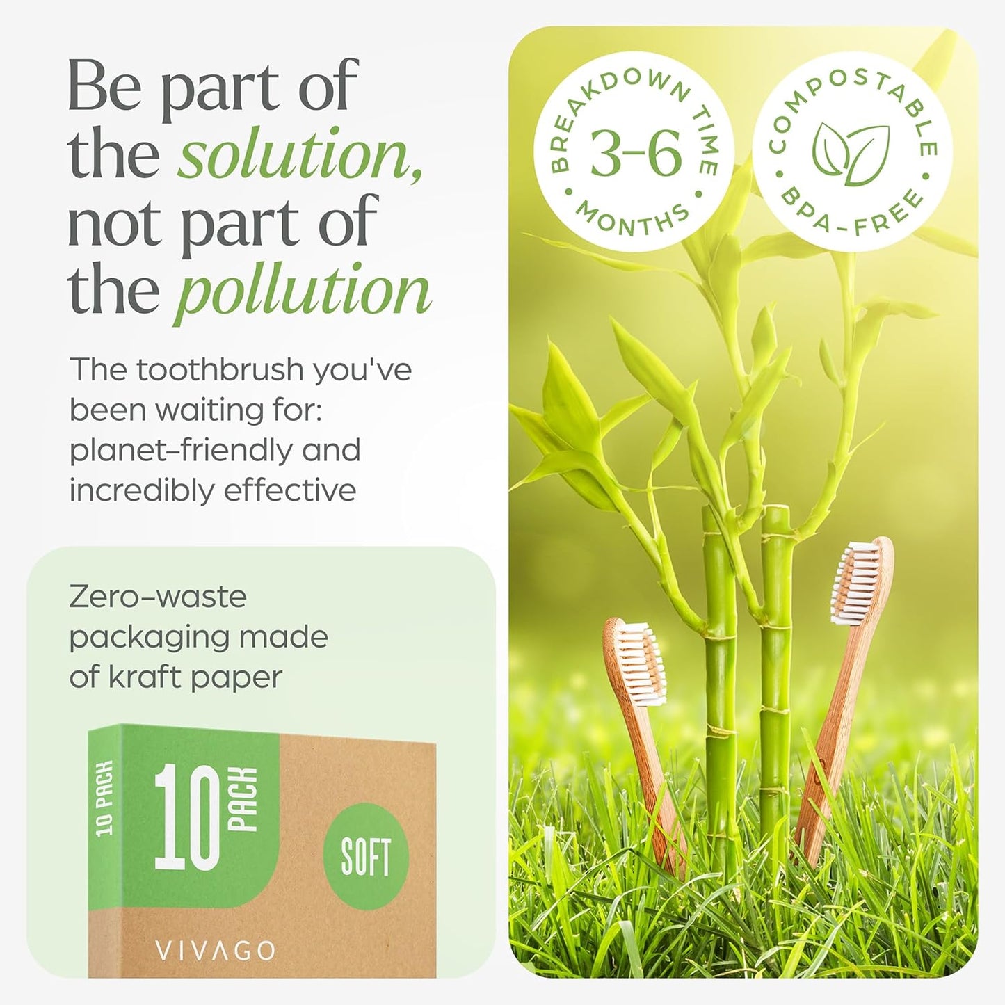 Bamboo Toothbrushes 10 Pack - BPA Free Soft Bristles Toothbrushes, Eco-Friendly, Natural Wooden Toothbrush