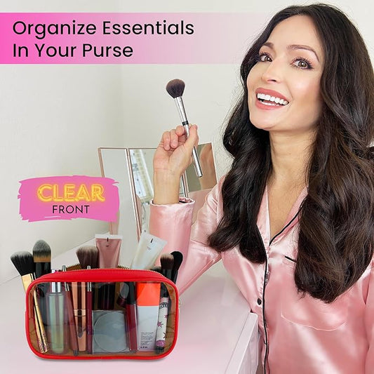 DANCOUR Small Clear Makeup Bag – Mini Pouch for Purse, Red Cosmetic Travel Case, Compact Clear Cosmetic Bag, Mini Pouch for Purse