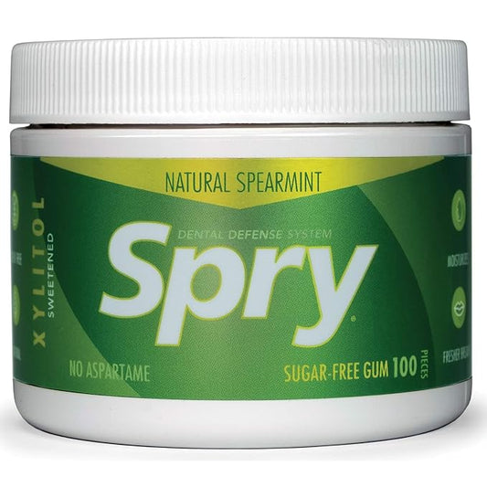 Spry Fresh Natural Xylitol Chewing Gum Dental Defense System - Aspartame-Free, Sugar-Free, Non-GMO, Gluten-Free (Spearmint, 100 Count - Pack of 2)