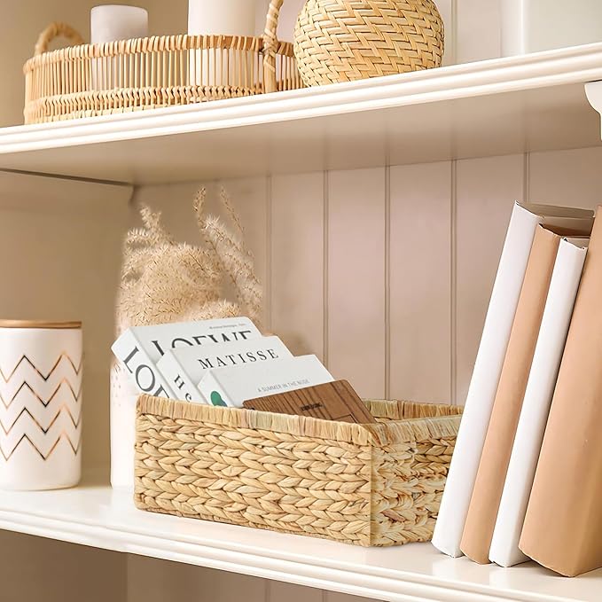 Greenatural Water Hyacinth Storage Baskets Set of 2, Handwoven Rectangular Organizer Trays with Handles in 2 Different Sizes, Nested Wicker Bins for Shelf, Bathroom, Kitchen, Office, Natural Decor
