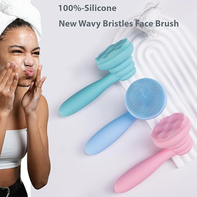 2 PC Silicone Facial Cleansing Brush Facial Scrubber Manual Exfoliating Facial Brush Face Cleanser Face Exfoliator Ultrafine Bristles for Sensitive Skin Easy to Clean Lather Well(Black&Purple)