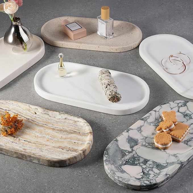 Koville Creamy White Marble Tray for Bathroom, 12"x6" Natural Luxury Marble Vanity Tray for Home Decor Countertop, Stone Oval Trays for Perfume & Jewelry Organizer, Stone Storage Trays