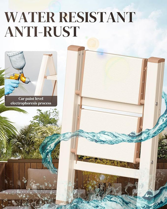 GameGem 2 Step Ladder, Folding Step Stool with Wider Pedal, Anti-Slip Feet & Non Slip Stripes, Aluminum Sturdy Material, 300Lbs Capacity, Elegant Look of Cream Chocolate Better Matches Your Home