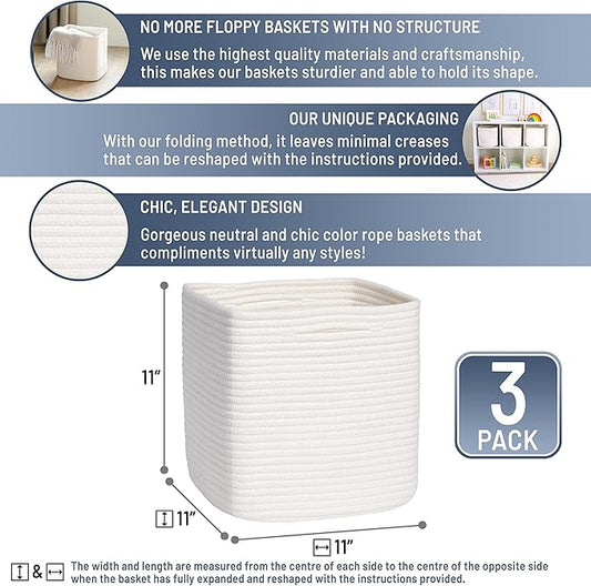 NaturalCozy Storage Cubes 11 Inch Cotton Rope Woven Baskets for Organizing, 3-Pack | Cube Storage Bin | Square Storage Baskets for Shelves Organizer, Classroom, Kids Toy Bins, Closet, Baby Nursery