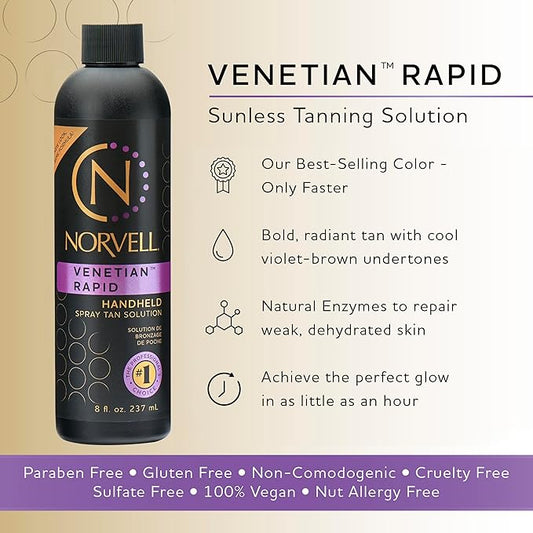 Norvell Premium Rapid Spray Tan Solution Venetian One 8 fl oz – Professional Sunless Tanning Formula for Ultra Fast Natural Bronze Glow, Streak Free, Fast Drying, Long Lasting Color