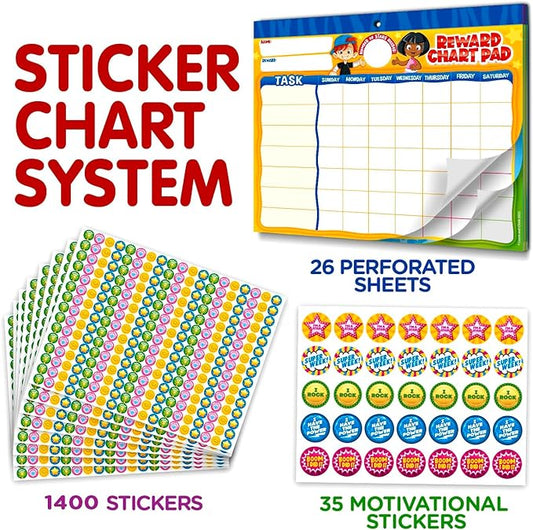 Behavior Reward Chart System - Pad with 26 Chore Charts for Kids, 2800 Stickers to Motivate Responsibility & Good Habits