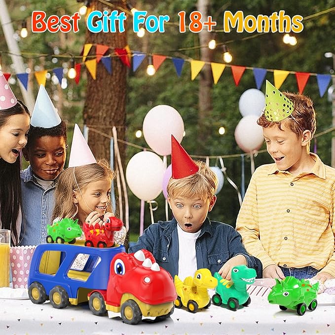 Veslier Toddler Car Toy for 2 3 4 5 Years Old, Dinosaur Transport Carrier Truck with 4 Pack Small Pull Back Dino Car, Friction Power Vehicle Christmas Birthday Gift for 18M+ Kids Boys Girls