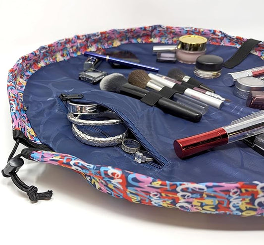 Lay-n-Go Cosmo Layflat Drawstring Cosmetic & Makeup Bag Organizer w/Zipper Pocket, Brush Loops & More, Cinch to Close, Lay Flat to Use, Durable, Machine Wash, Travel Toiletry Bag (20", Love)