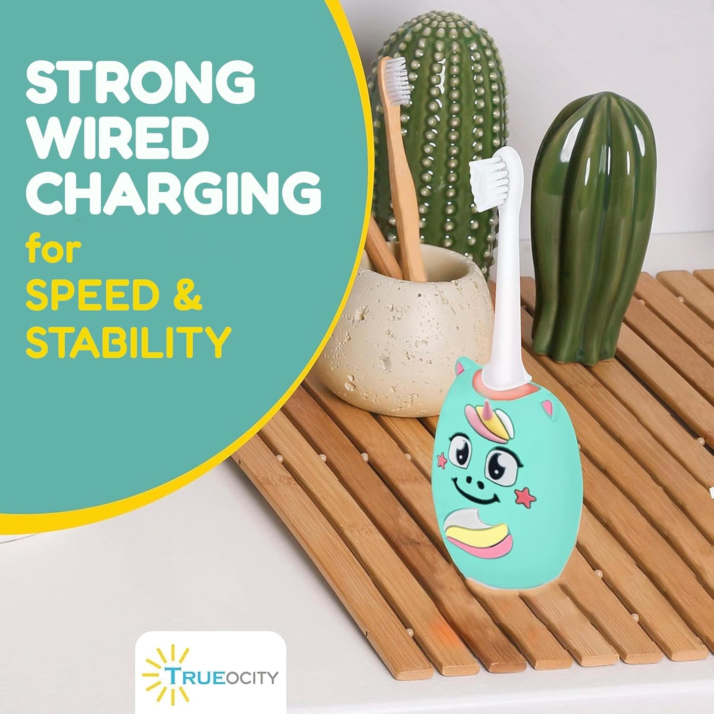 Trueocity Kids U Shape Toothbrush Auto Electric Toddler Rechargeable Kids Automatic Toothbrush | 360° U-Shaped Silicone Brush Head | Gentle Cleaning for Ages 2–7 2–7 | Unicorn Design (Turquoise)