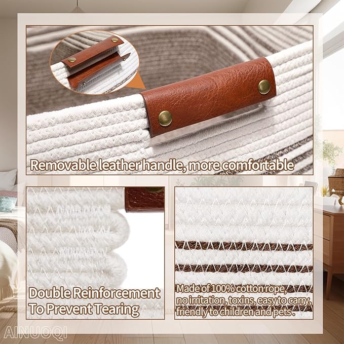 Laundry Hamper - Tall Woven Rope Laundry Basket - Clothes hamper with Leather Handles, 17.8" X 13.8" X 22", Blanket Storage Basket for Living Room, Rice Brown & White