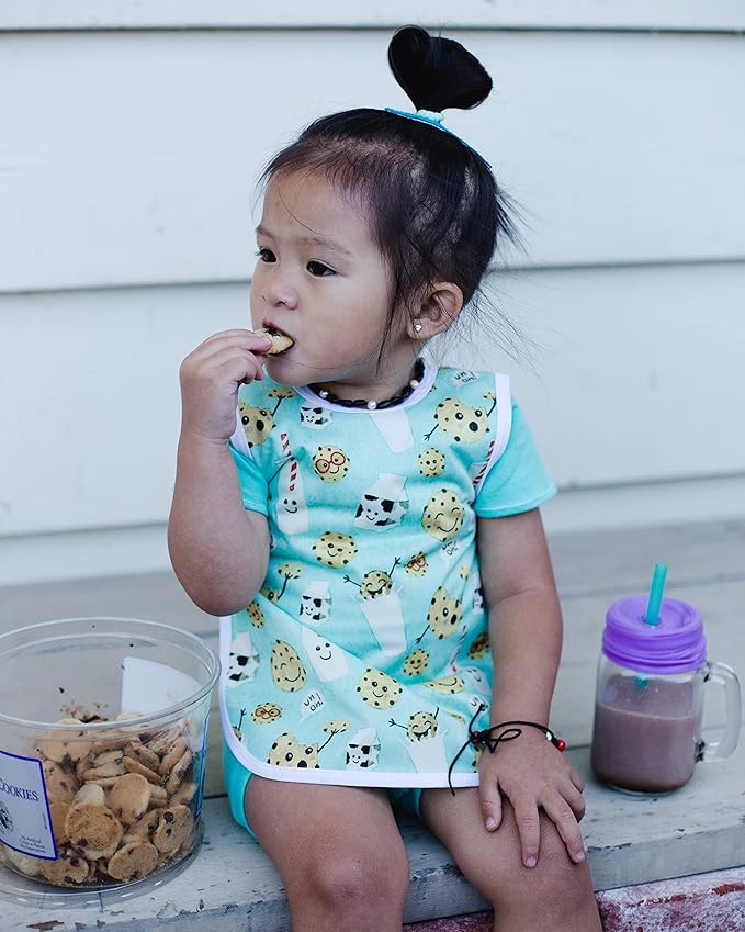 BapronBaby Cookies & Milk Bapron - No Neck Tie Safer Bib for Baby & Toddler - Soft Waterproof Stain Resistant - Machine Washable - Sz Preschool 3-5yrs