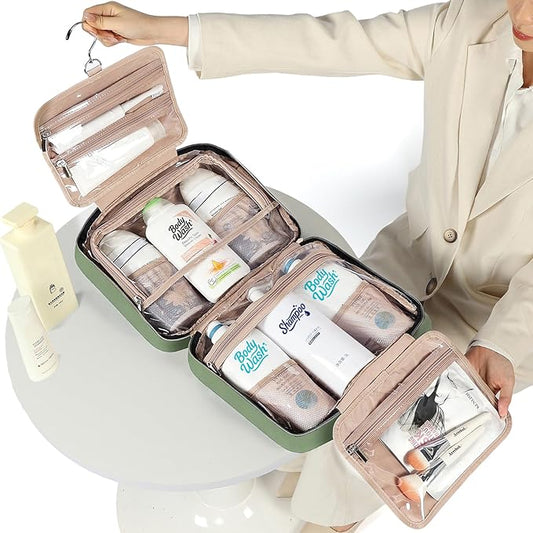 NISHEL Travel Toiletry Bag for women, Portable Hanging Organizer for Family-Sized Shampoo, Conditioner, Brushes Set, Makeup Accessories, Extra Large Size, Green