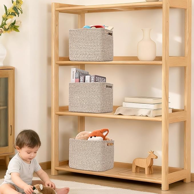 3 Pack Cube Storage Bin, 9”x9”x7” Cotton Rope Woven Baskets for Organizing Toys Clothes Towels, Square Gift Storage Baskets for Shelf, Nursery, Closet, Bathroom, Pantry (Jute)