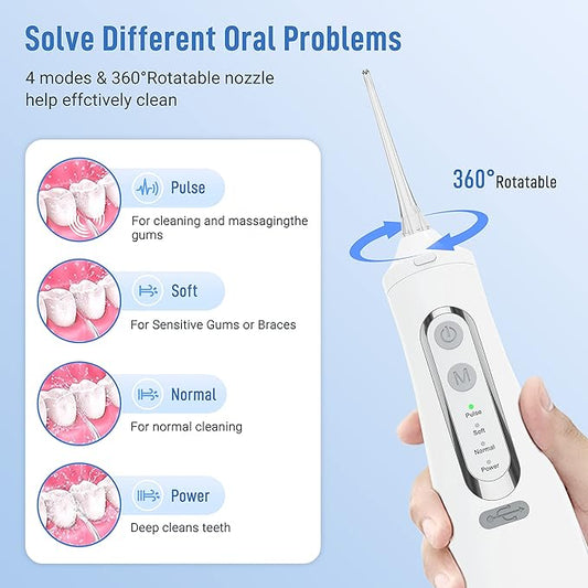 Cordless Water Flosser Teeth Cleaner Dental Oral Irrigator Picks Portable and Rechargeable 310ml Water Tank IPX7 Water Proof for Home and Travel Infiwarden (White)