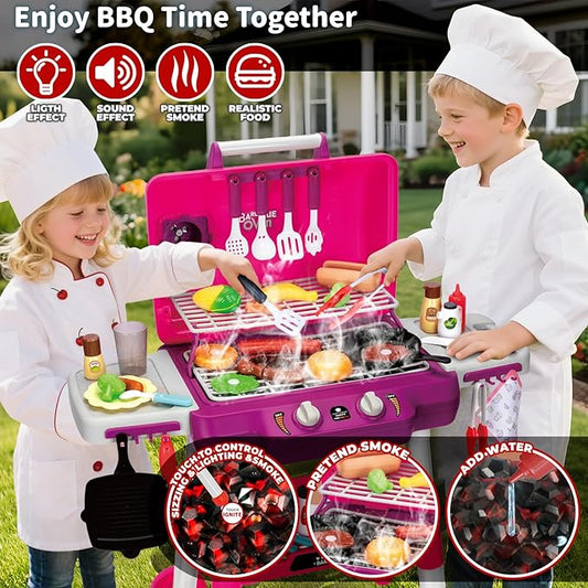 Kids Kitchen Toy Set, Kids BBQ Grill Playset with Smoke Sound Light, 2-Layer Barbecue Toy with Wheel, Simulation Cooking Interactive Toys, Kid Kitchen Playset, Christmas Birthday Gift for Boys Girls