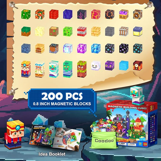 Coodoo 200 PCS Magnetic Blocks (0.8in) - Magnetic Building Blocks Magnet Toy Outdoor Sensory Toddler Toys for Ages 5-7 8-13 3 4 5 6 7 8, Idea Gifts for Boys and Girls Age 3+ Years Old Kids Toys Games